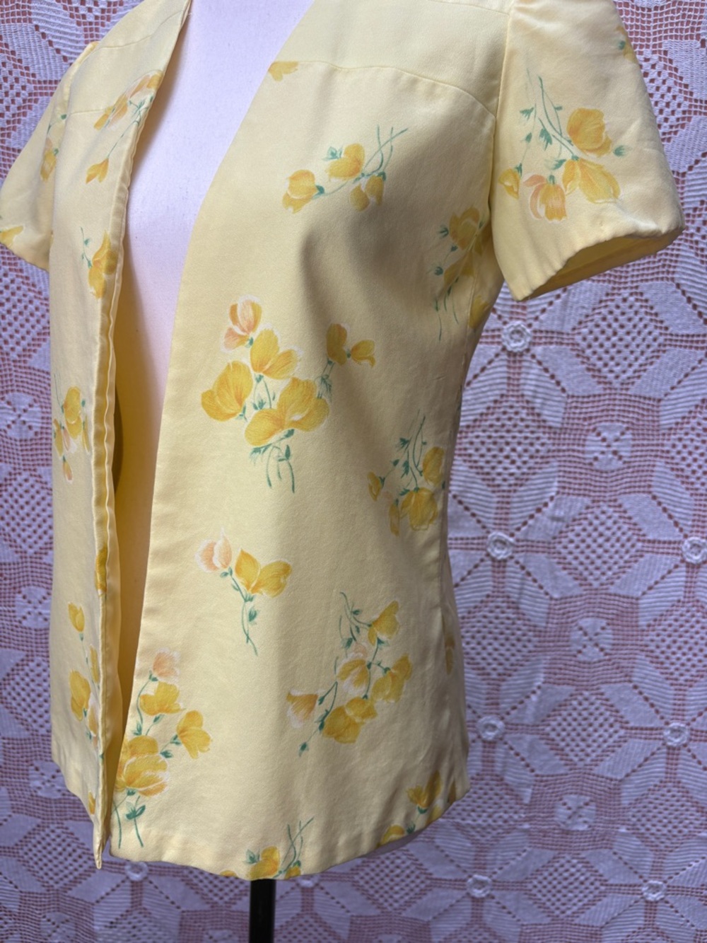Vintage Yellow Floral Blouse Puff Sleeve Open Front SzSm - Picture 6 of 9